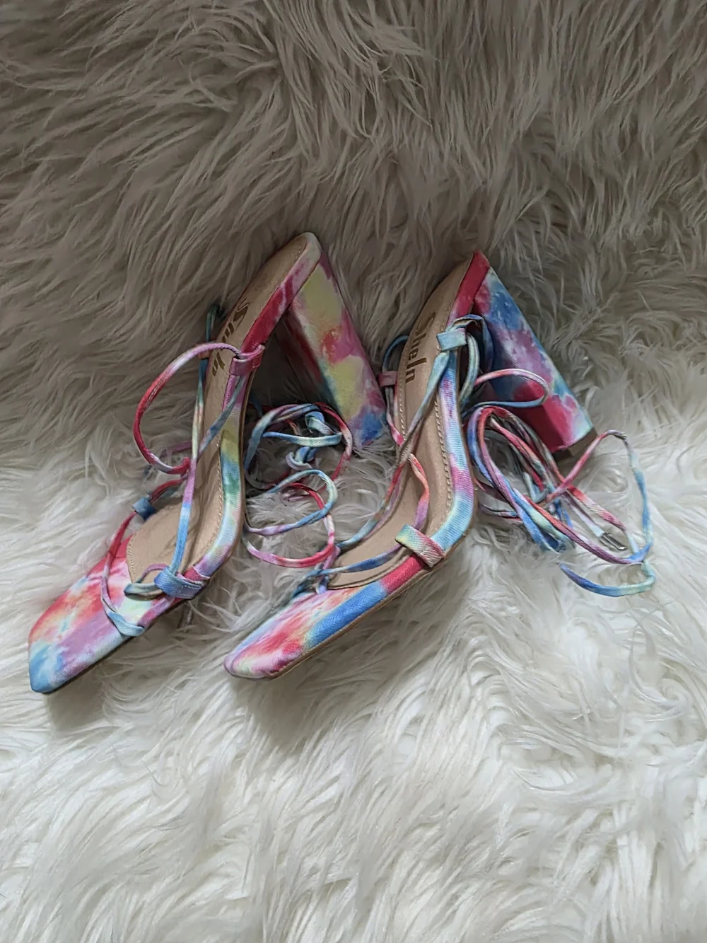 Satin Tie-Dye Strappy Block Heel Sandals - Multicolor by Shun